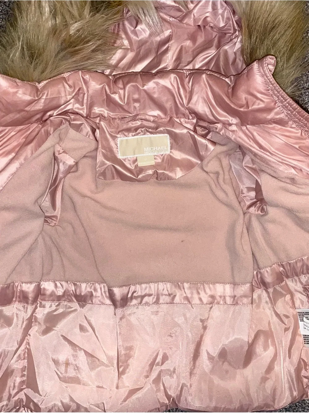 MICHAEL Michael Kors Girls' Light Pink Puffer Jacket with Faux Fur Hood+ peacoat